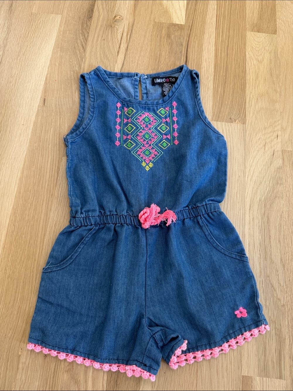 Limited Too Denim Romper with Pink Embroidery and Trim